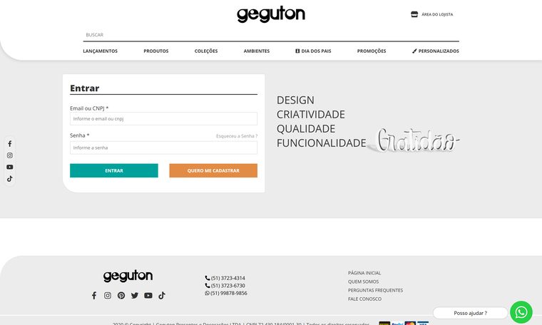 Área do Lojista atual da Geguton: só campo de login e senha